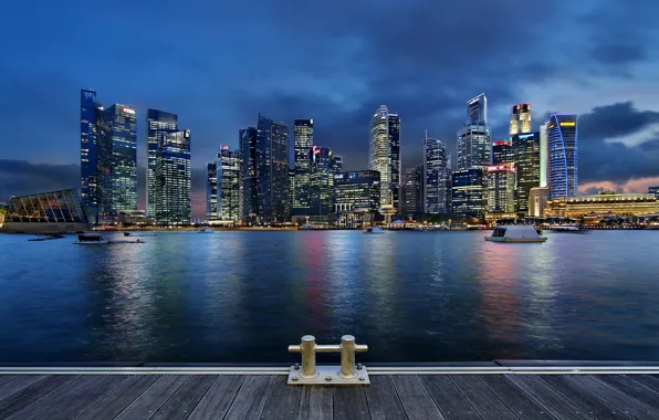 Облака, ночь, lights, огни, небоскребы, подсветка, залив, Сингапур