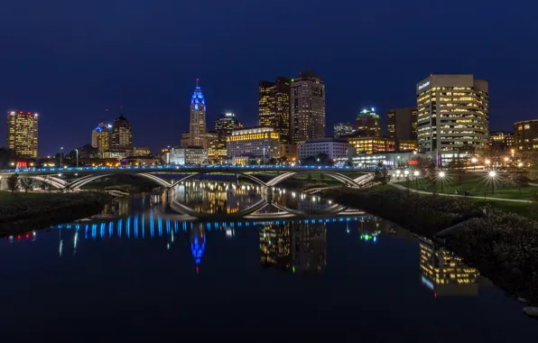 Картинка фото, Дома, Мост, Ночь, Город, Река, США, Ohio