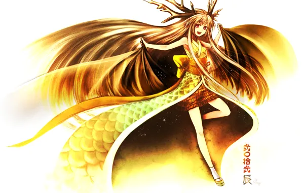 Картинка девушка, радость, волосы, крылья, аниме, арт, рога, кимоно