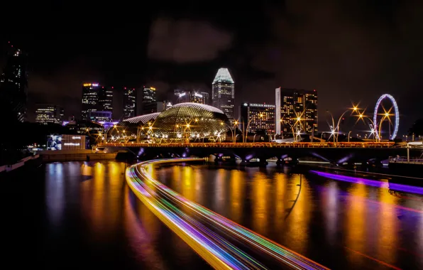 River, skyline, water, night, liquid, country, Singapore, buildings