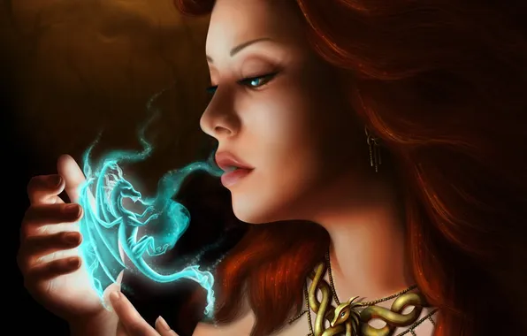 Картинка девушка, магия, дракон, дыхание, фэнтези, арт, рыжая