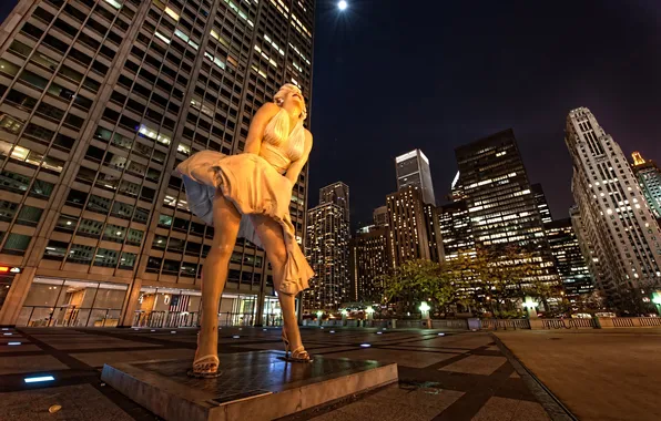 Картинка ночь, город, улица, Чикаго, скульптура, Иллинойс, Мэрилин Монро