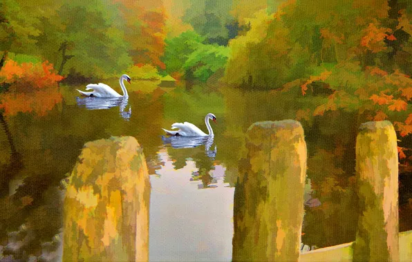 Картинка озеро, картина, лебеди
