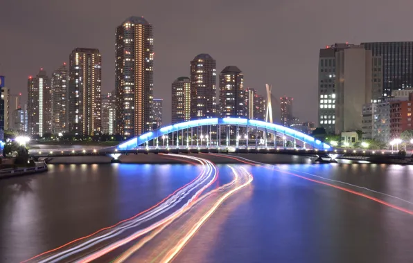 Мост, река, здания, river, bridge, buildings, огни на реке, lights on river