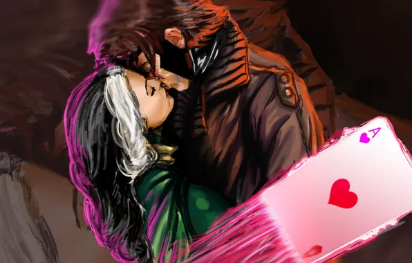 Картинка поцелуй, двое, X-Men, kiss, Marvel, Rogue, шельма, Gambit