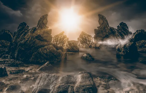 Картинка рендеринг, рельеф, берег, валуны, атмосферно, море, солнце, скалы