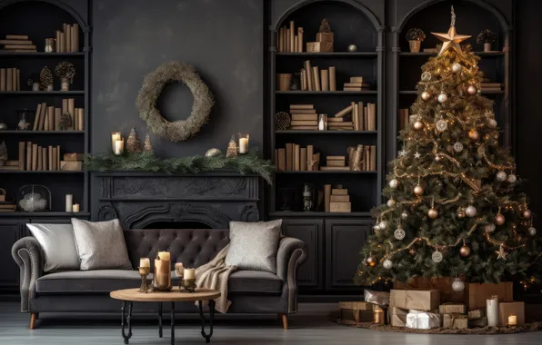 Картинка комната, елка, интерьер, Рождество, Новый год, камин, Christmas, view