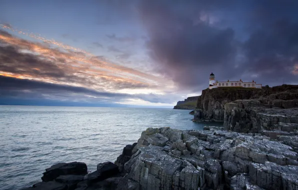 Картинка море, закат, маяк, Isle of Skye, Neist Point Lighthouse