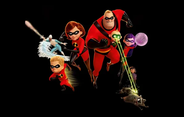 Фантастика, мультфильм, черный фон, Pixar, постер, персонажи, Walt Disney, Incredibles 2