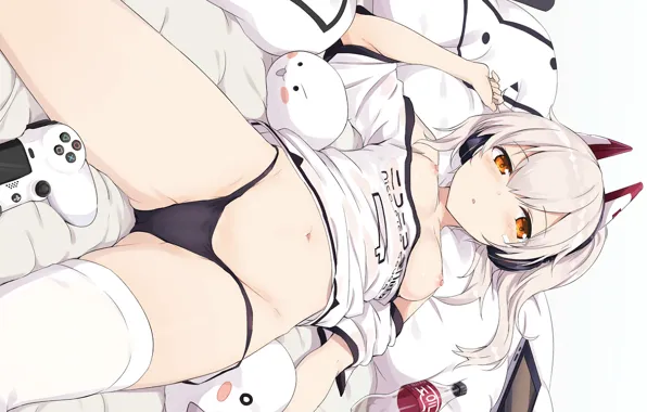 Girl, sexy, lingerie, blouse, panties, thighhighs, long hair, nipples