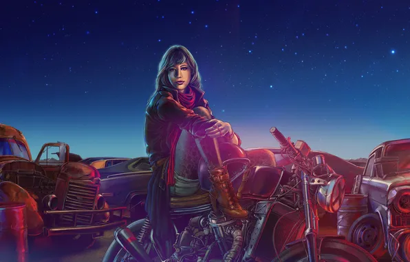 Картинка девушка, машины, ночь, мотоцикл