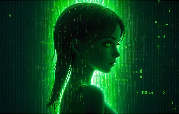 Картинка девочка, зелёный, матрица, Киборг, Cyborg, Двоичный код, Футуристический, фантастический арт