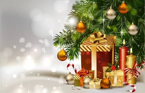 Украшения, шары, елка, свечи, подарки, Ёлка, gift, Christmas tree