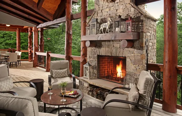 Wooden, interior, fireplace, living spae