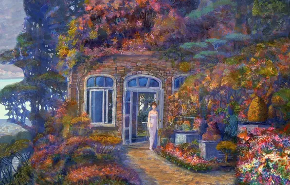 Девушка, деревья, цветы, дом, окна, двери, Naohisa Inoue