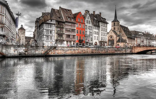 Картинка мост, река, краски, Франция, дома, Страсбург