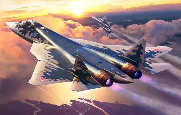 Картинка Рассвет, Пара, полёт, Россия, ВКС России, истребитель пятого поколения, Су-57