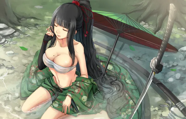Kawaii, girl, sword, boobs, breast, umbrella, anime, katana