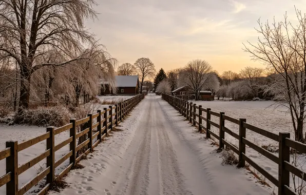 Картинка зима, дорога, снег, мост, река, дома, house, winter