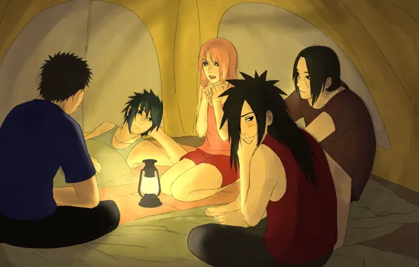 Картинка фонарь, палатка, naruto, art, Itachi Uchiha, Sasuke Uchiha, Sakura Haruno, Madara Uchiha