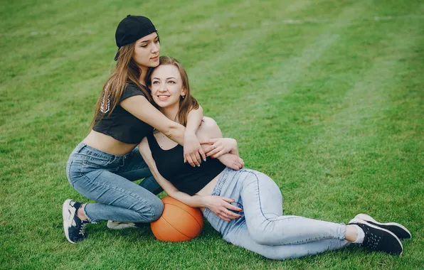 Girls, jeans, sneakers, girlfriends, basketball ball