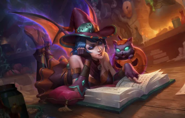 Кот, девушка, книга, ведьма, halloween