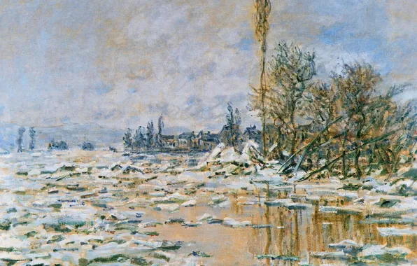 Картинка пейзаж, картина, Клод Моне, Вскрытие льда. Лаванкур. Пасмурная Погода