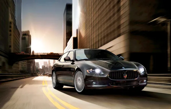 Картинка Maserati, Quattroporte, Дорога, Черный, Город, Лого, Автомобиль, Экзотика