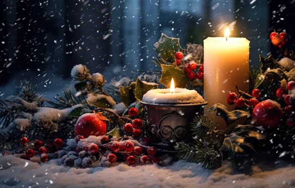 Картинка зима, снег, украшения, ночь, ягоды, свечи, Новый Год, Рождество
