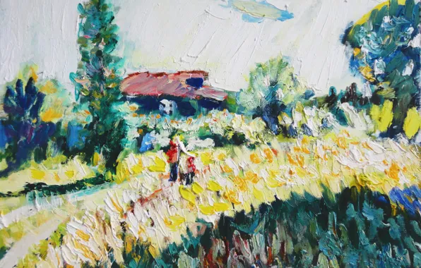 Картинка пейзаж, цветы, природа, 2012, дача, Петяев, взрослый и ребенок