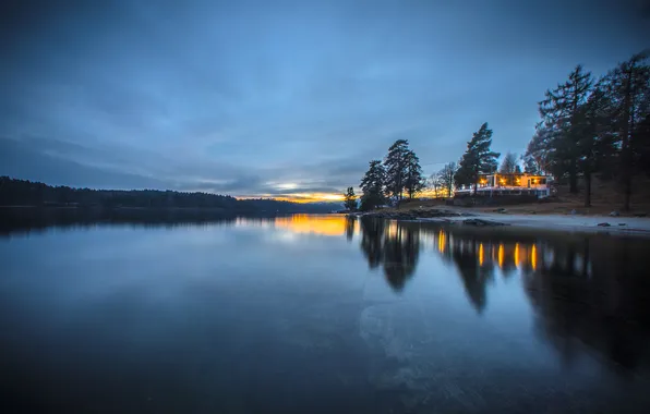 Картинка ночь, природа, огни, дома, Норвегия, залив