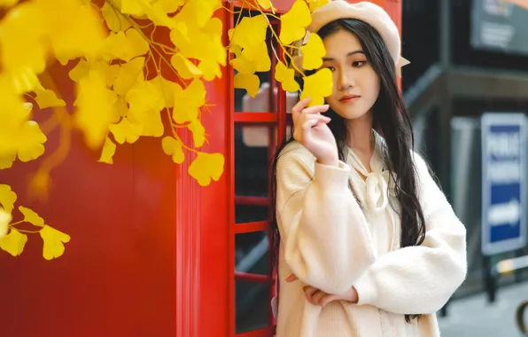 Beautiful, Asian, Model, Tree, Woman, Cute, Phone Booth, Pretty