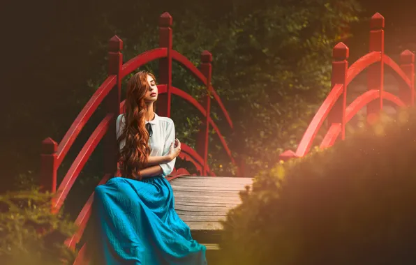 Картинка девушка, свет, мост, волосы, рыжая