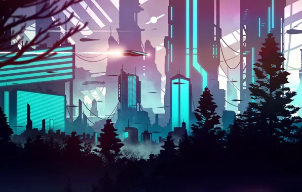 Лес, деревья, город, здания, Future
