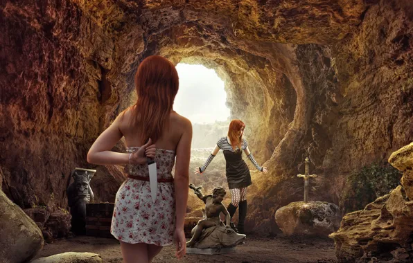 Картинка девушки, пещера, коварство, нож.