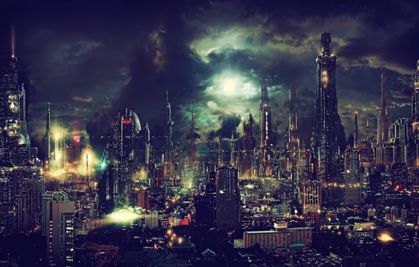 Картинка свет, ночь, city, город, lights, огни, будущее, небоскребы