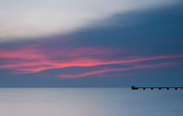 Картинка море, небо, закат, яркий, берег, вечер, пирс, рыбаки
