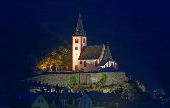Ночь, дома, Германия, освещение, церковь, возвышенность, Brodenbach