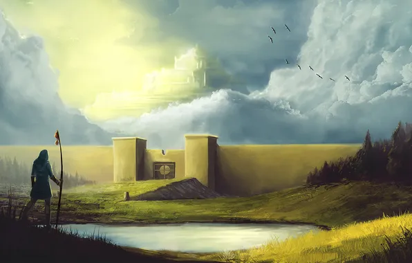 Картинка небо, озеро, замок, небеса, человек, ворота, врата