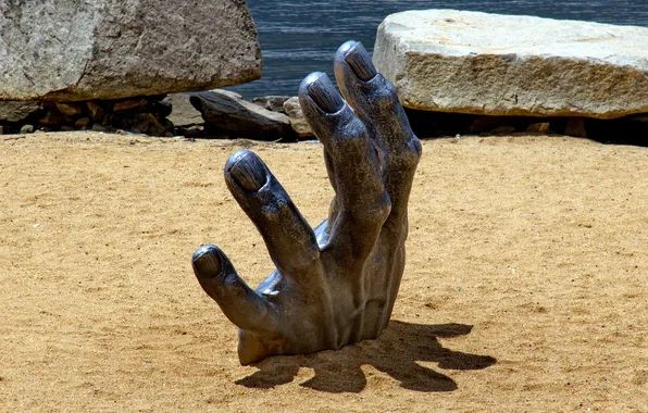 Rocks, sand, stones, hand, sculpture, artistic metal