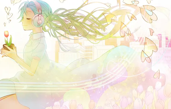 Картинка девушка, наушники, сердечки, тюльпаны, vocaloid, hatsune miku