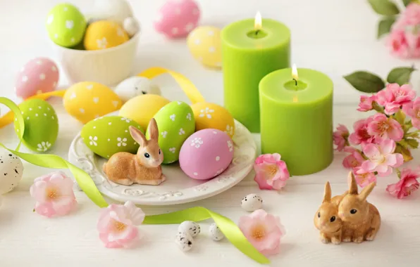 Цветы, ленты, яйца, свечи, Пасха, кролики, flowers, Easter