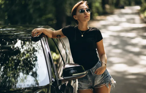 Car, girl, shorts, beautiful, glasses, cute