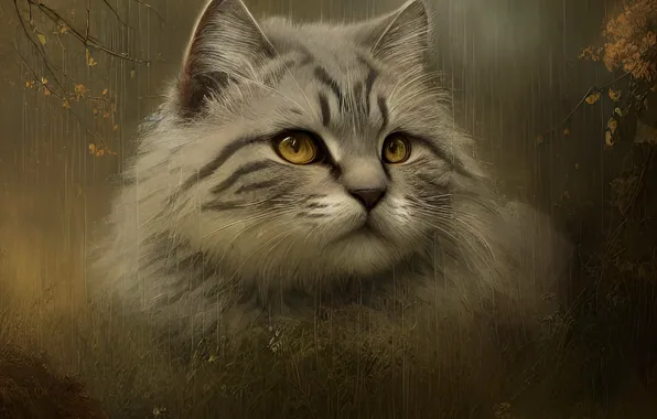 Осень, кошка, кот, взгляд, ветки, природа, дождь, портрет