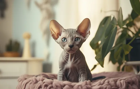 Кошка, взгляд, листья, поза, котенок, серый, комната, растения