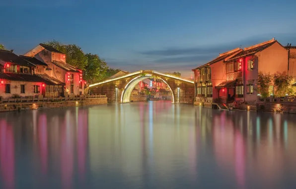 Картинка мост, огни, дома, Китай, Уси, Qingming Bridge