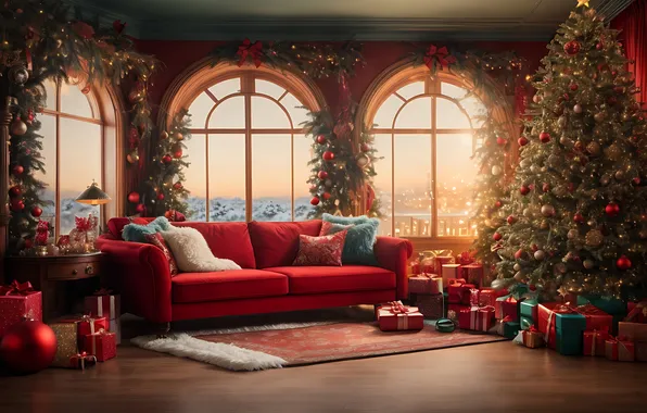 Украшения, комната, елка, интерьер, Рождество, подарки, Новый год, Christmas