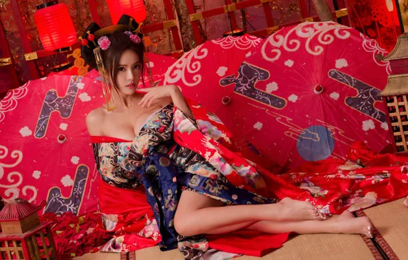 Colorful, cleavage, Asian, dress, barefoot, women, brunette, hair accessories