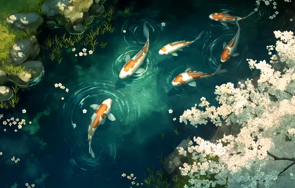 Pond, Cherry Blossom, Fish, Zen Koi