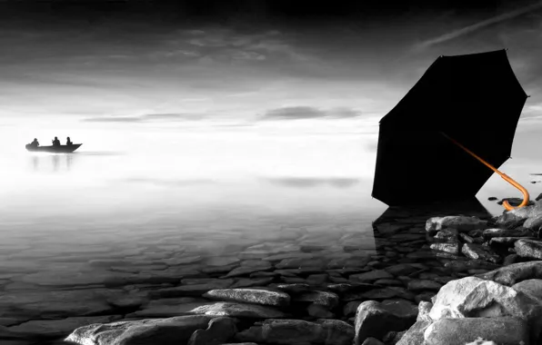 Скачать обои камни, лодка, зонт, Black and White, раздел природа в ...
